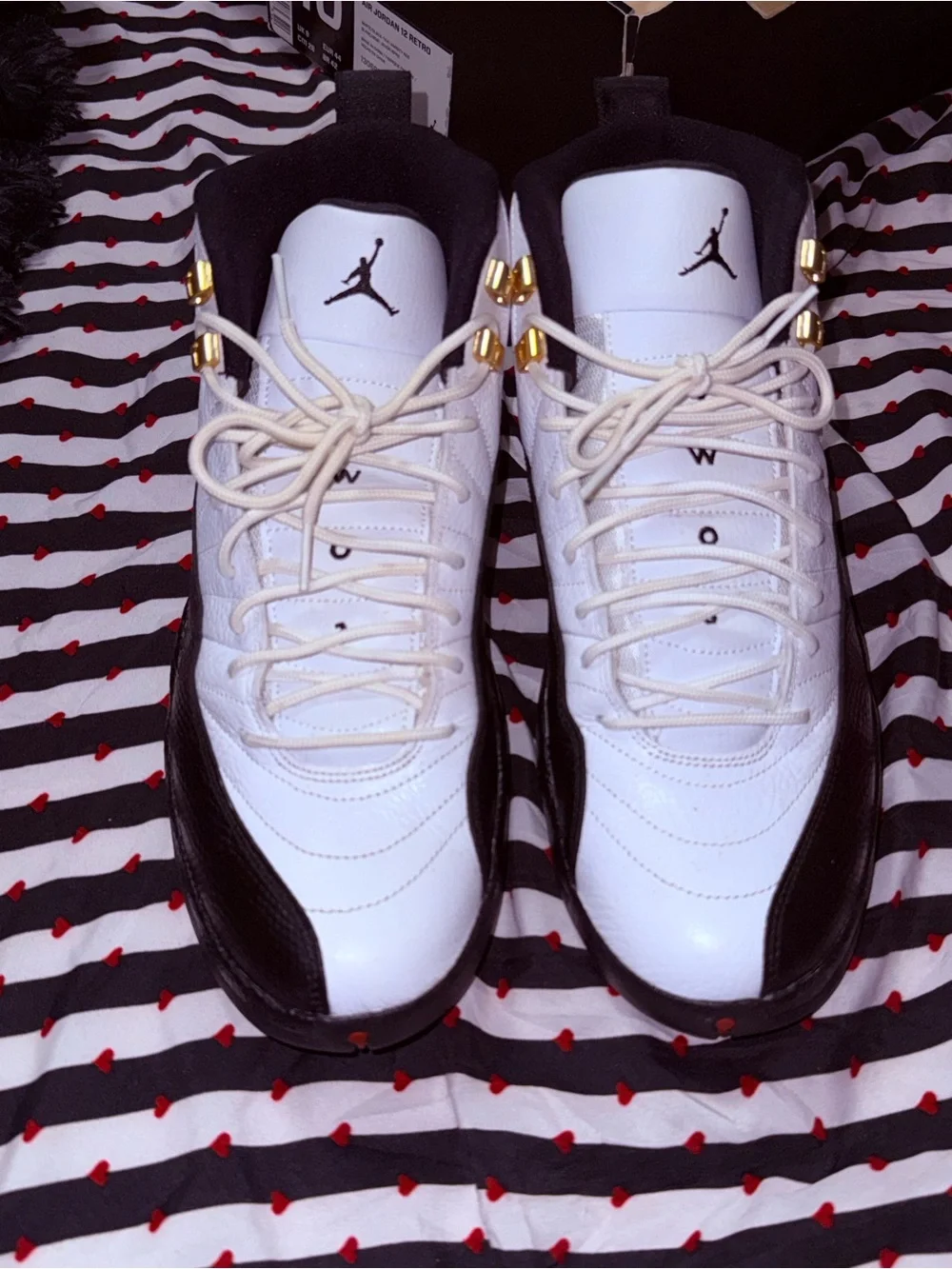 Jordan 12 retro taxis Men’s Basketball Shoes - White, Black & Gold Accents
